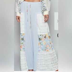 POL RUFFLES OF BLOOM HIGH RISE COTTON WIDE LEG BLUE BOTTOMS